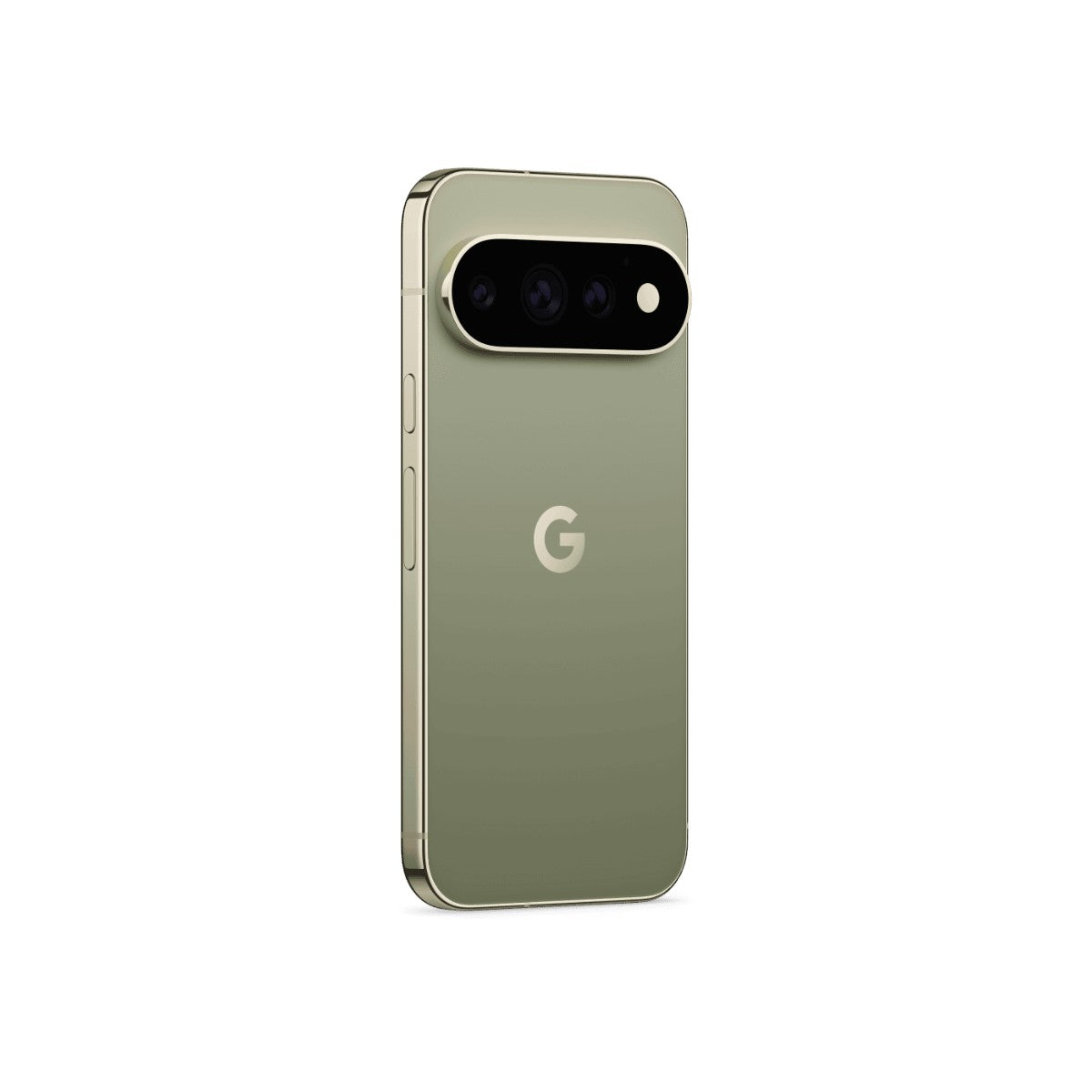 Google Pixel 11 Pro in Olive, angled rear view