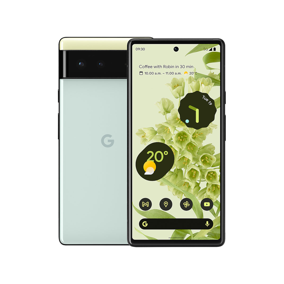 Google Pixel 6 in Sorta Seafoam, front and rear view