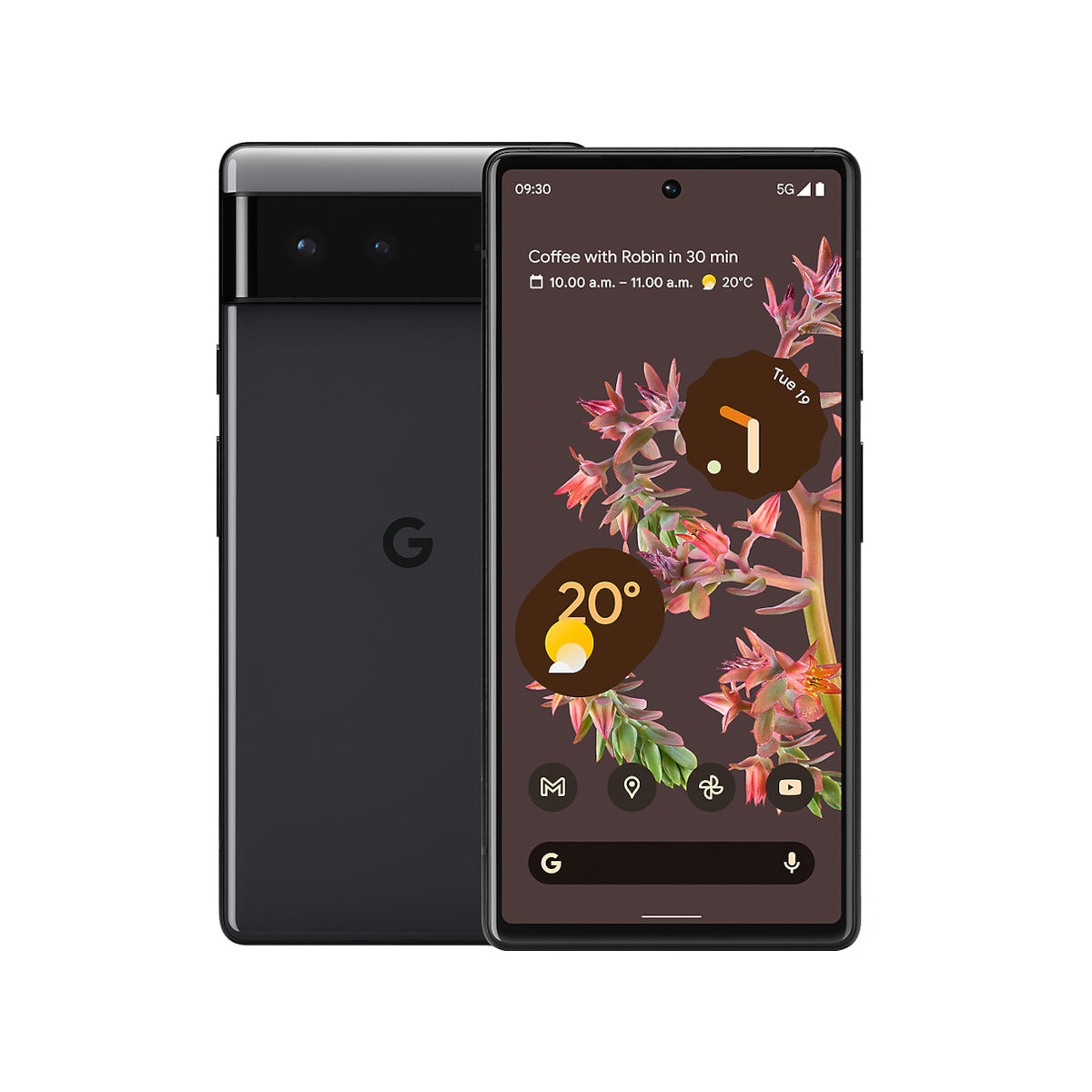 Google Pixel 6 in Stormy Black, front and rear view
