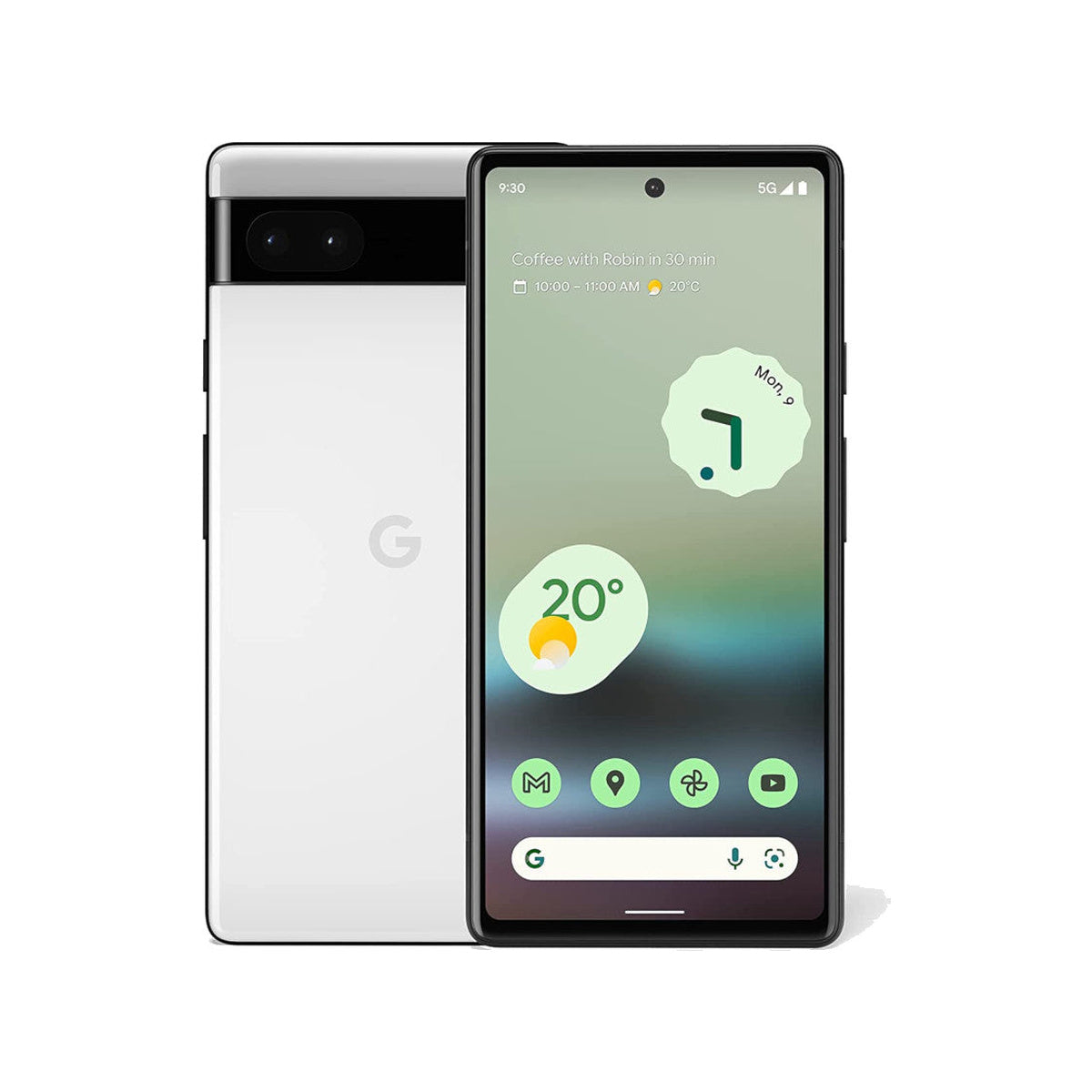Google Pixel 6a in Chalk, front and rear view