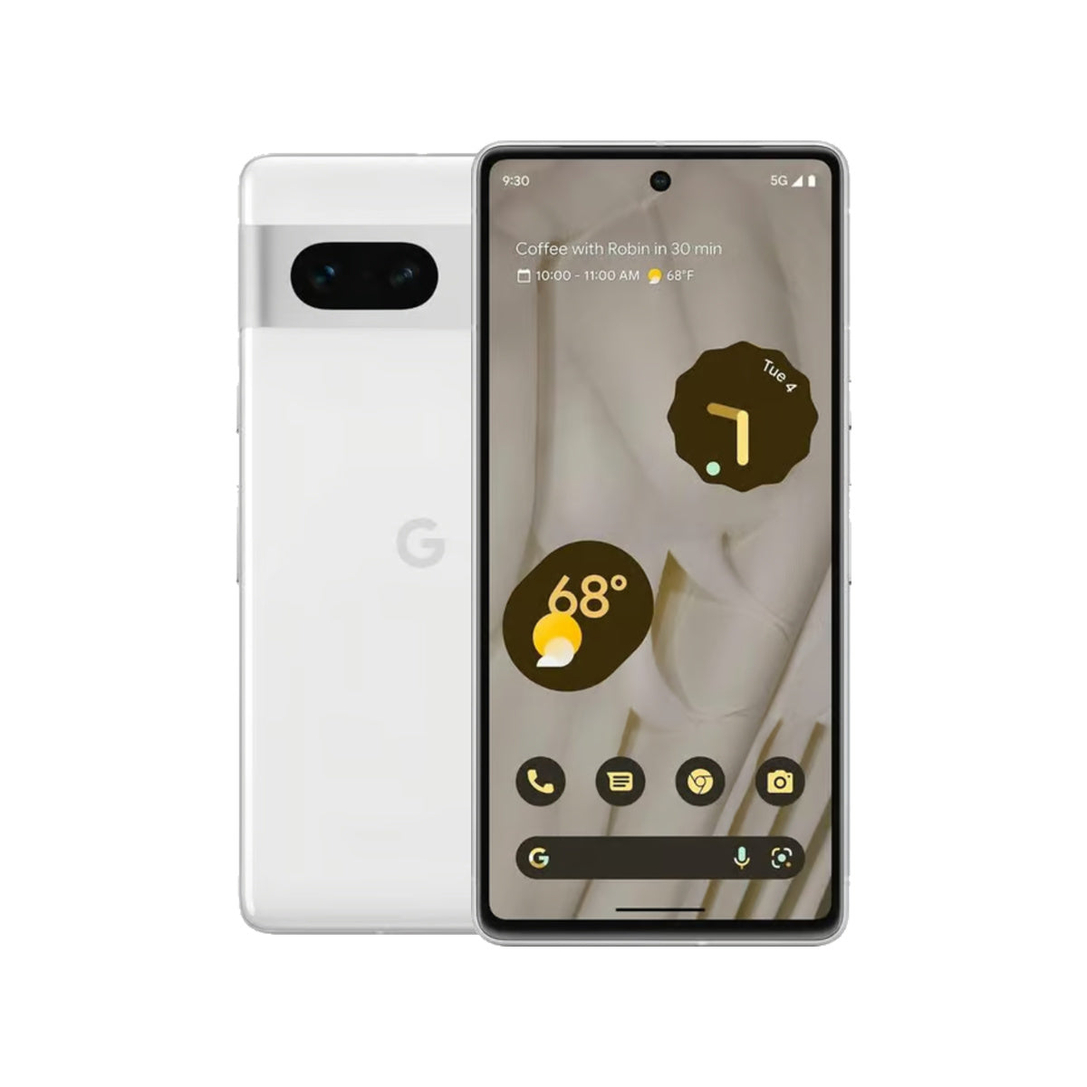 Google Pixel 7 in Snow, front and rear view