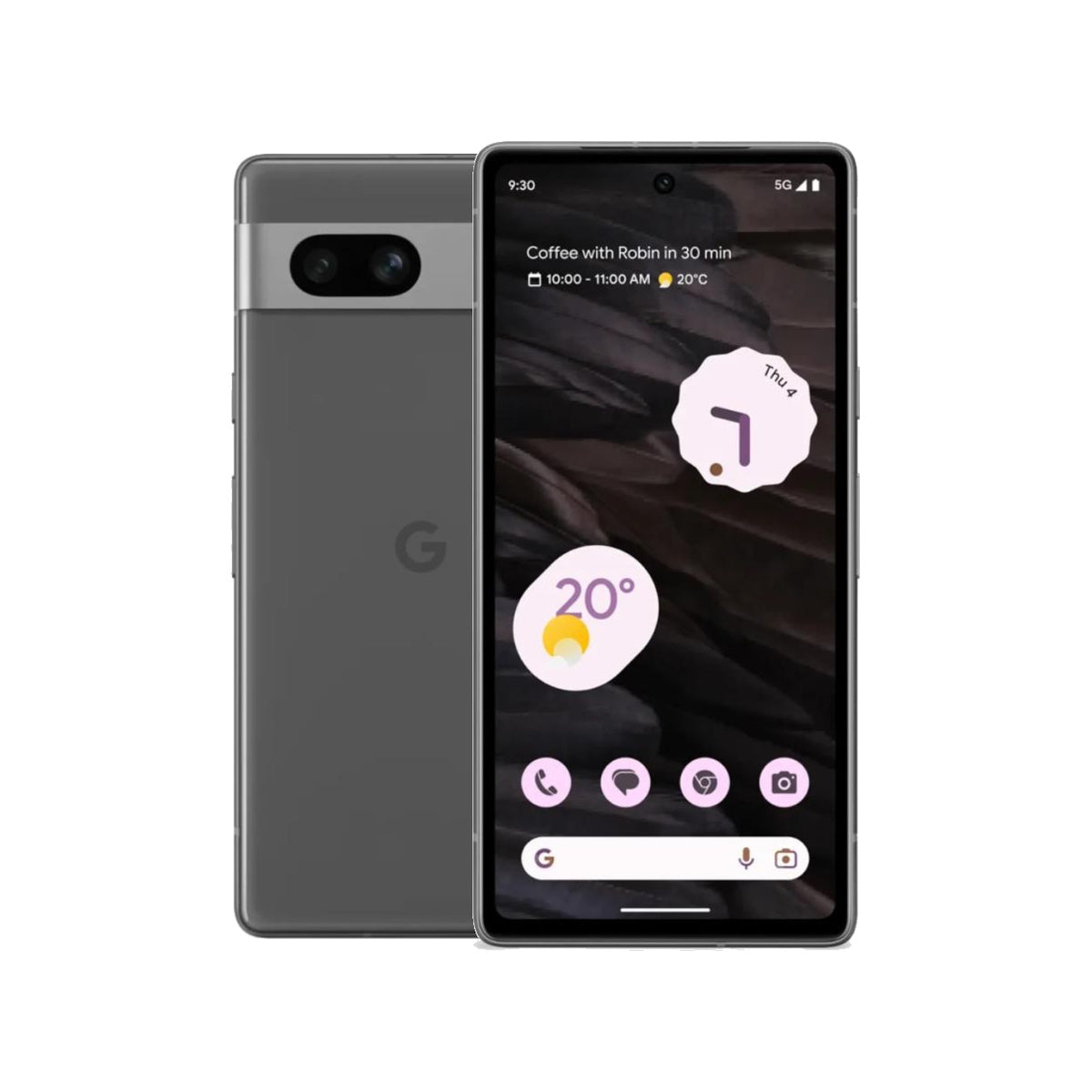 Google Pixel 7a in Charcoal, front and rear view
