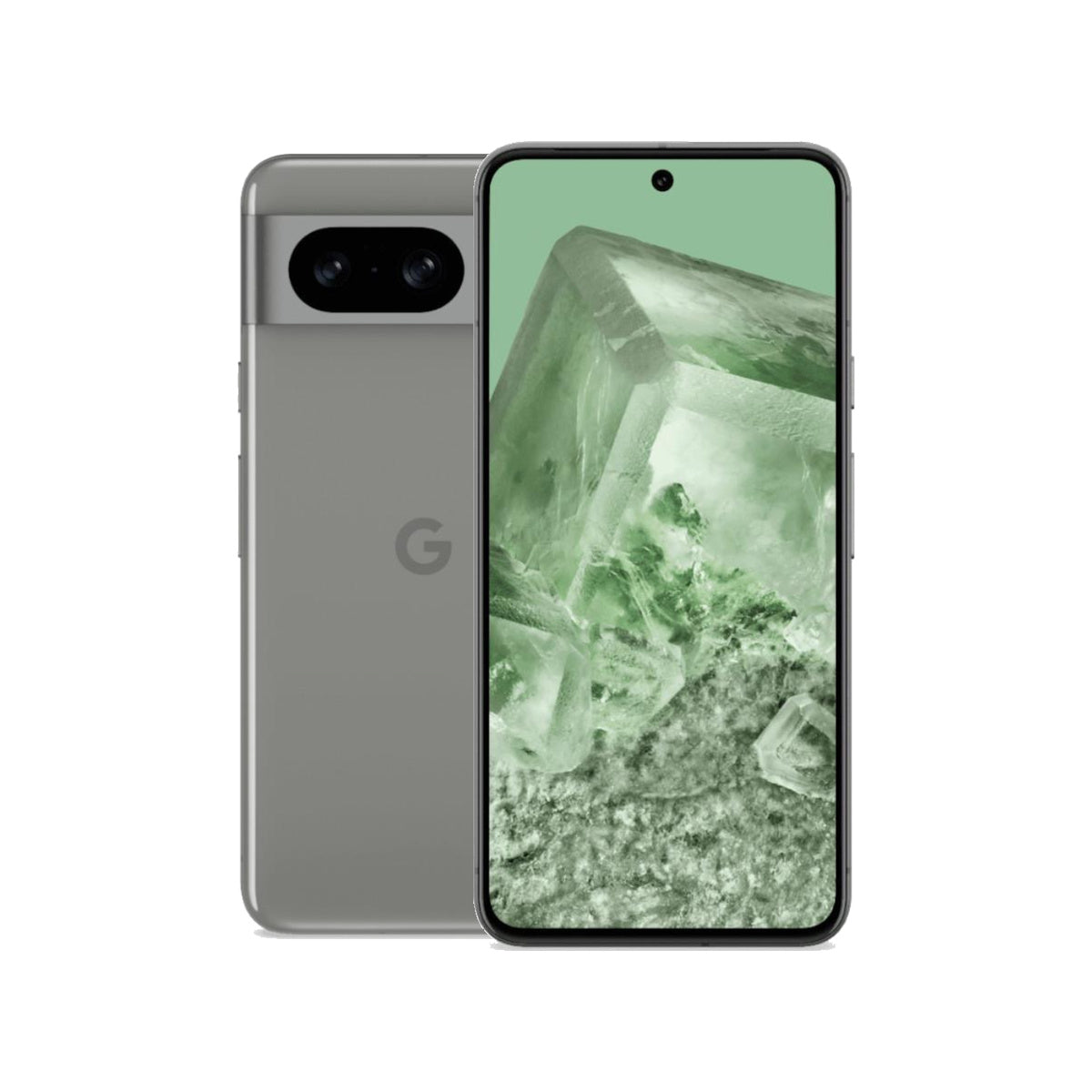 Google Pixel 8 in Hazel, front and rear view