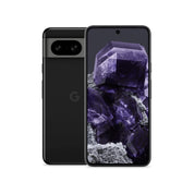 Google Pixel 8 in Obsidian, front and rear view