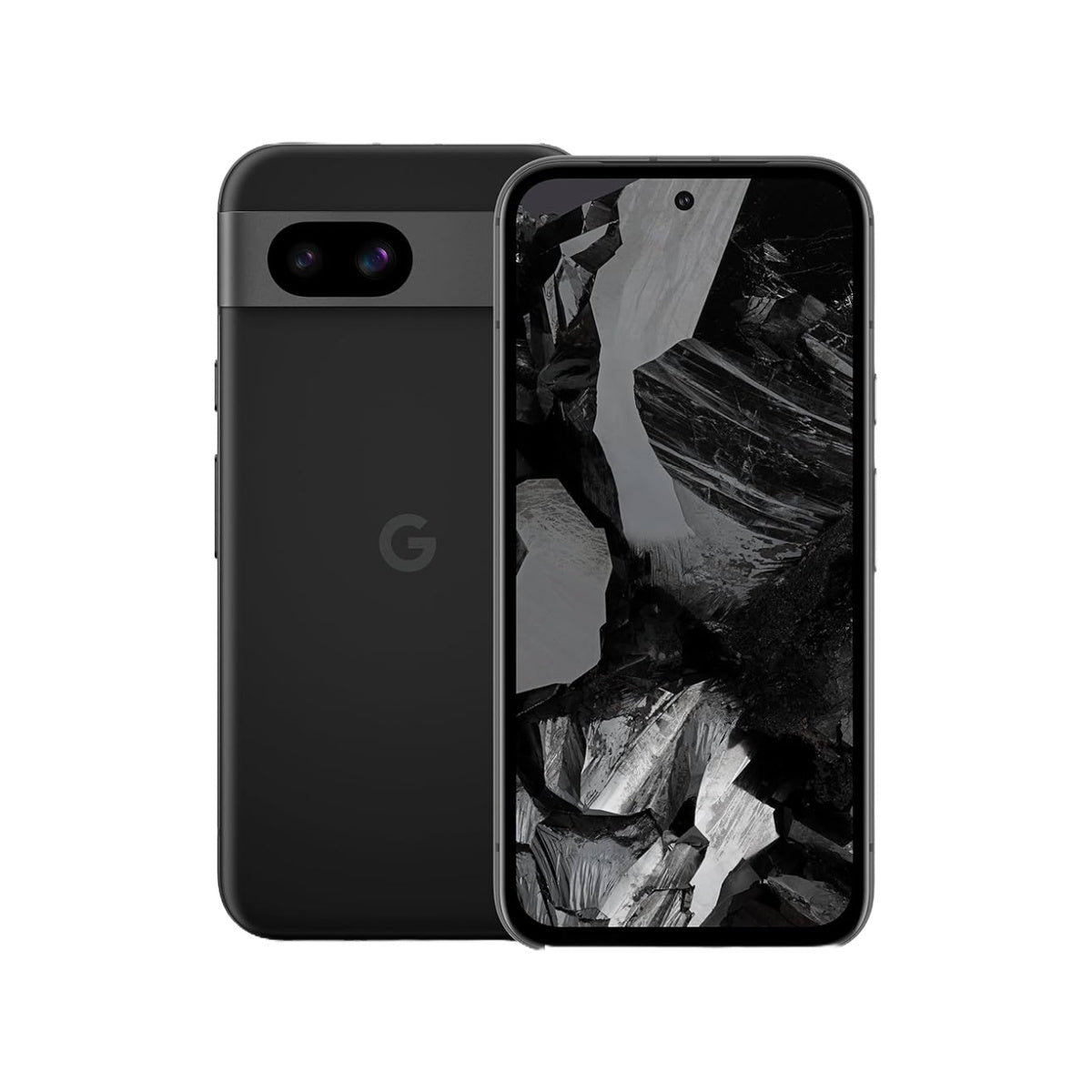 Google Pixel 8a in Obsidian, front and rear view