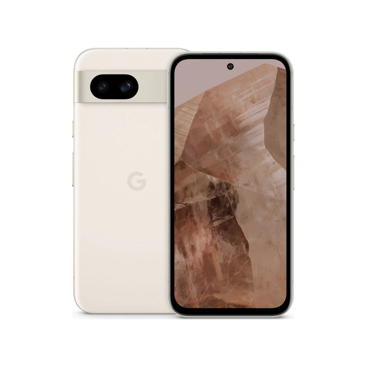 Google Pixel 8a in Porcelain, front and rear view