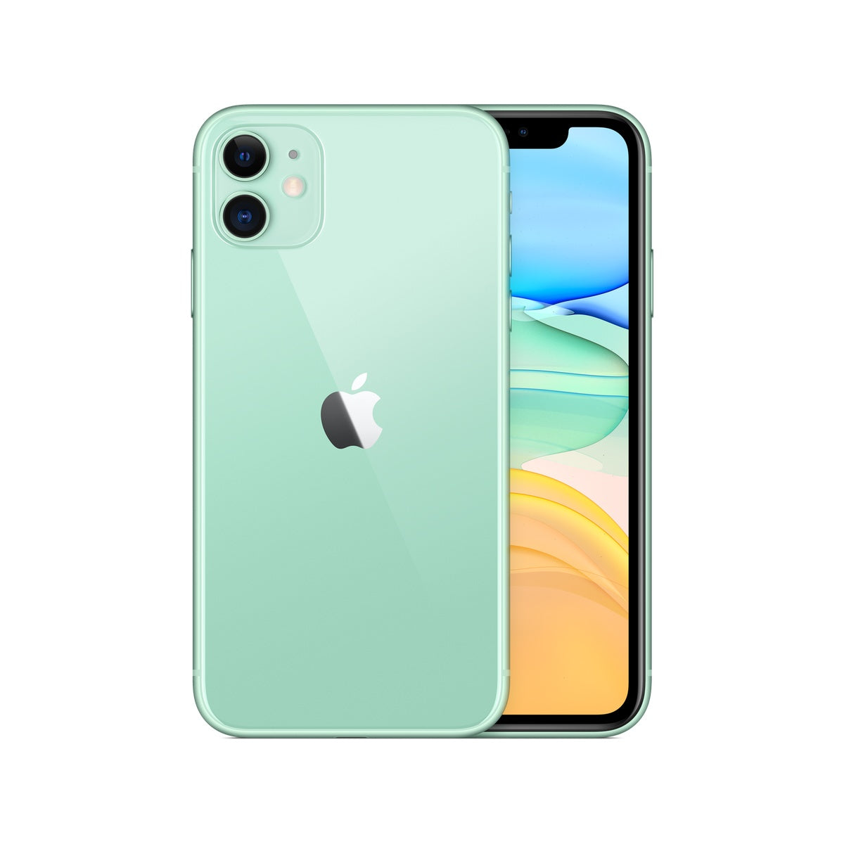 Apple iPhone 11 in Green, front and rear view