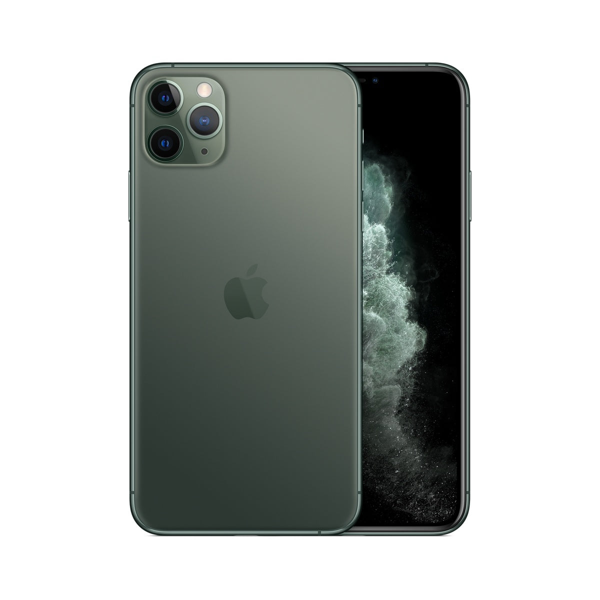 Apple iPhone 11 Pro Max in Midnight Green, front and rear view