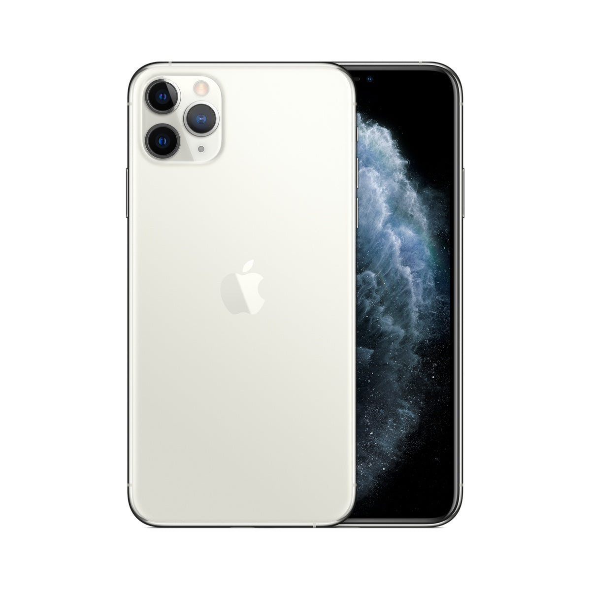 Apple iPhone 11 Pro Max in Silver, front and rear view