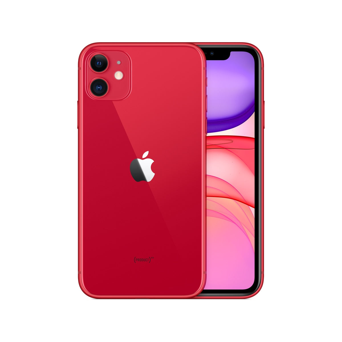 Apple iPhone 11 in (PRODUCT)RED, front and rear view
