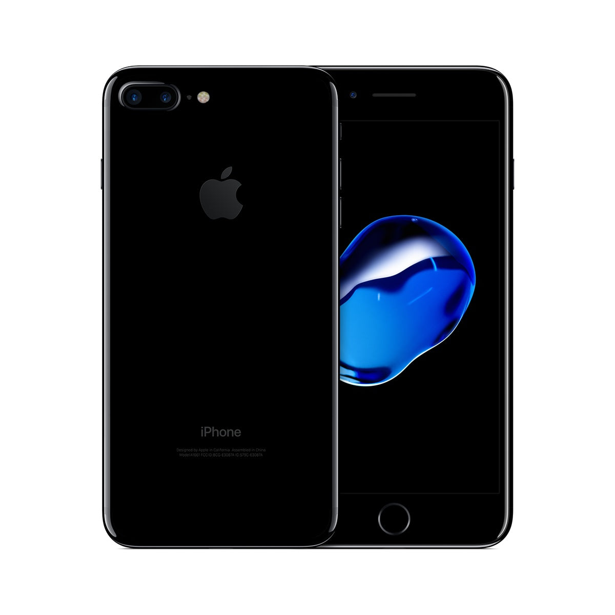 Apple iPhone 7 Plus in Jet Black, front and rear view