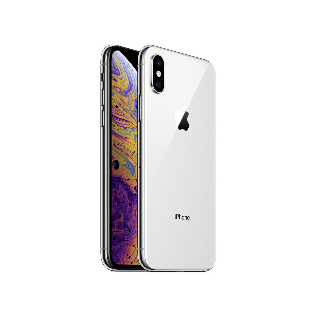 Apple iPhone XS in Silver, front and rear view