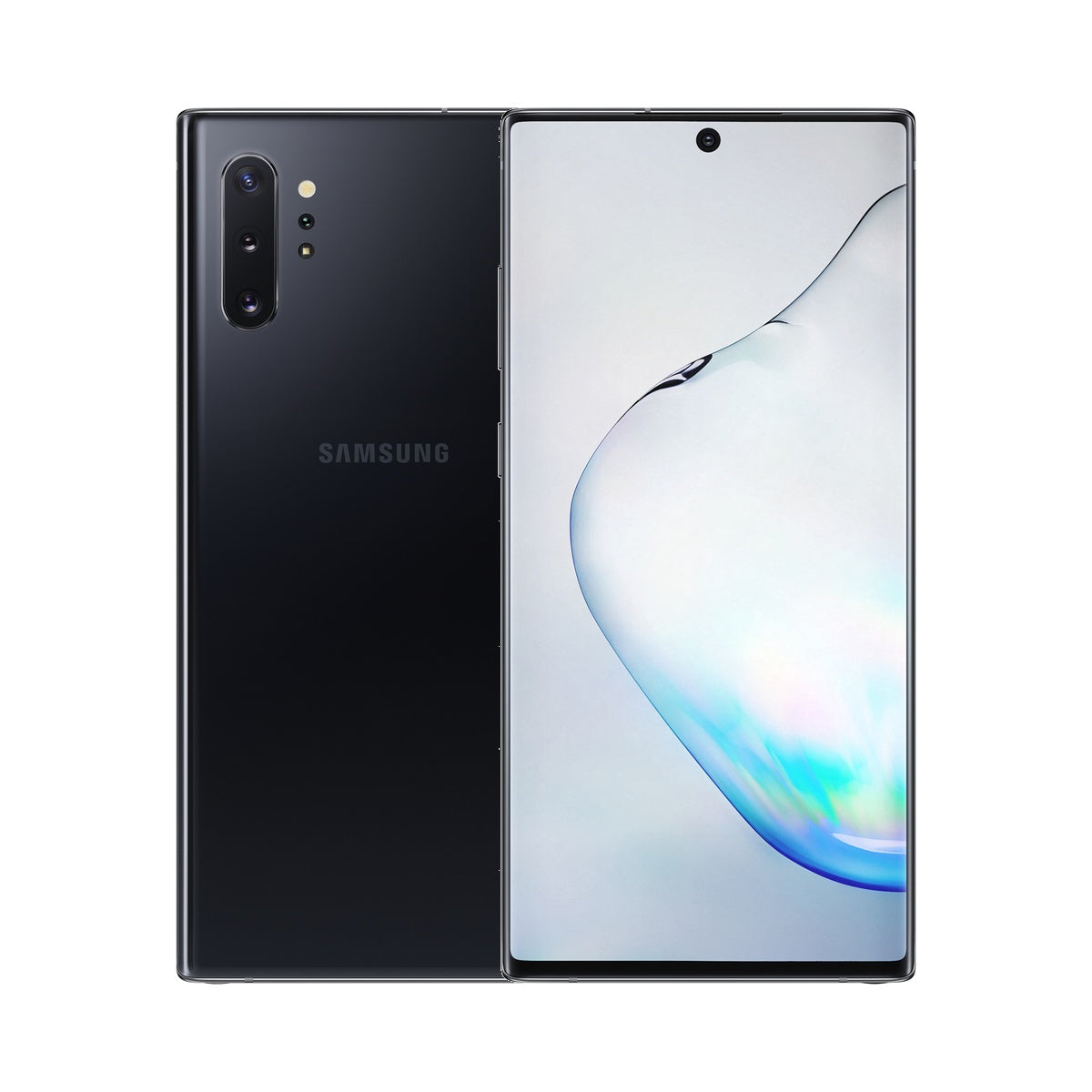 Samsung Galaxy Note10+ 5G in Aura Black, front and rear view