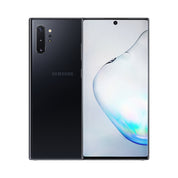 Samsung Galaxy Note10+ in Aura Black, front and rear view