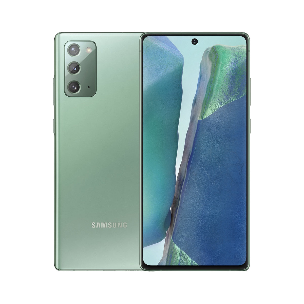 Samsung Galaxy Note20 in Mystic Green, front and rear view