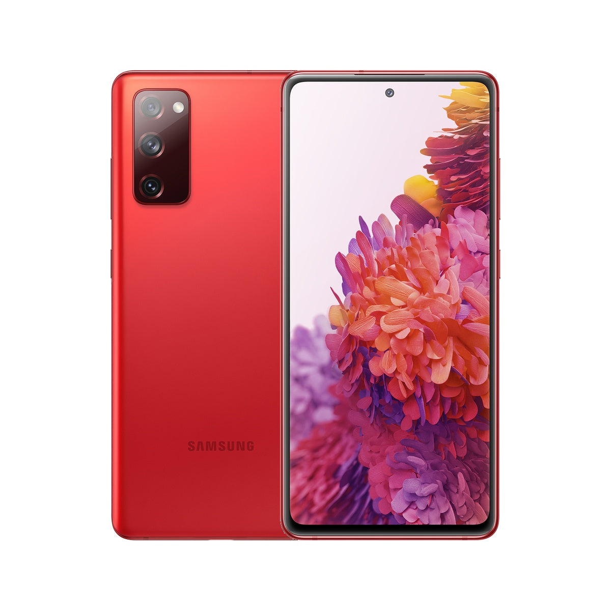 Samsung Galaxy S20 FE 5G in Cloud Red, front and rear view