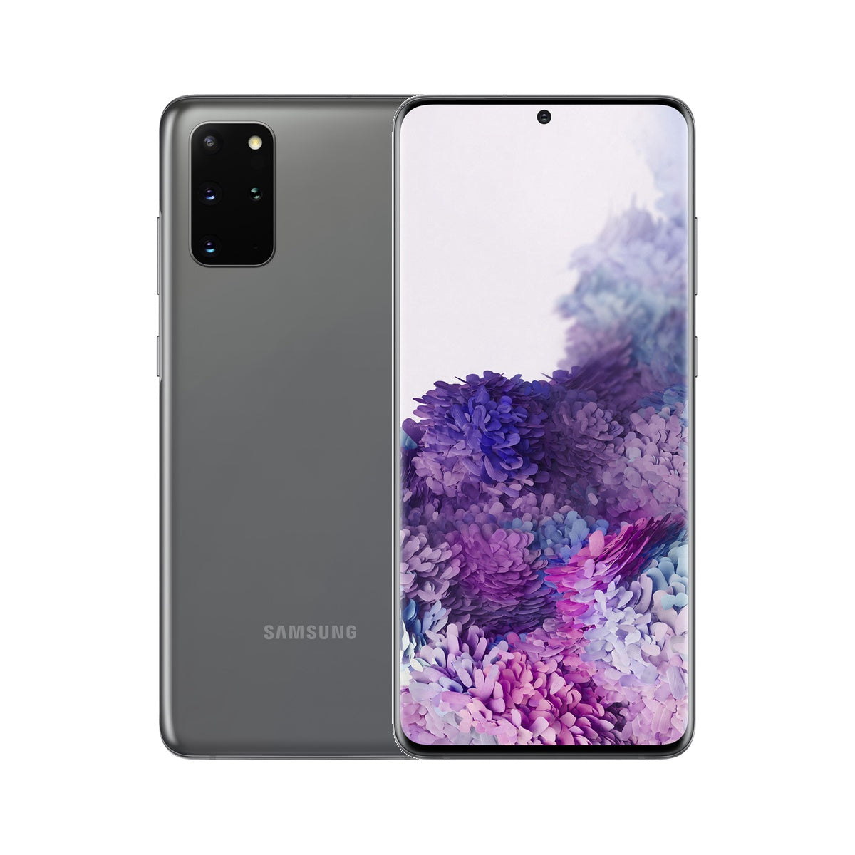 Samsung Galaxy S20+ 5G in Cosmic Grey, front and rear view