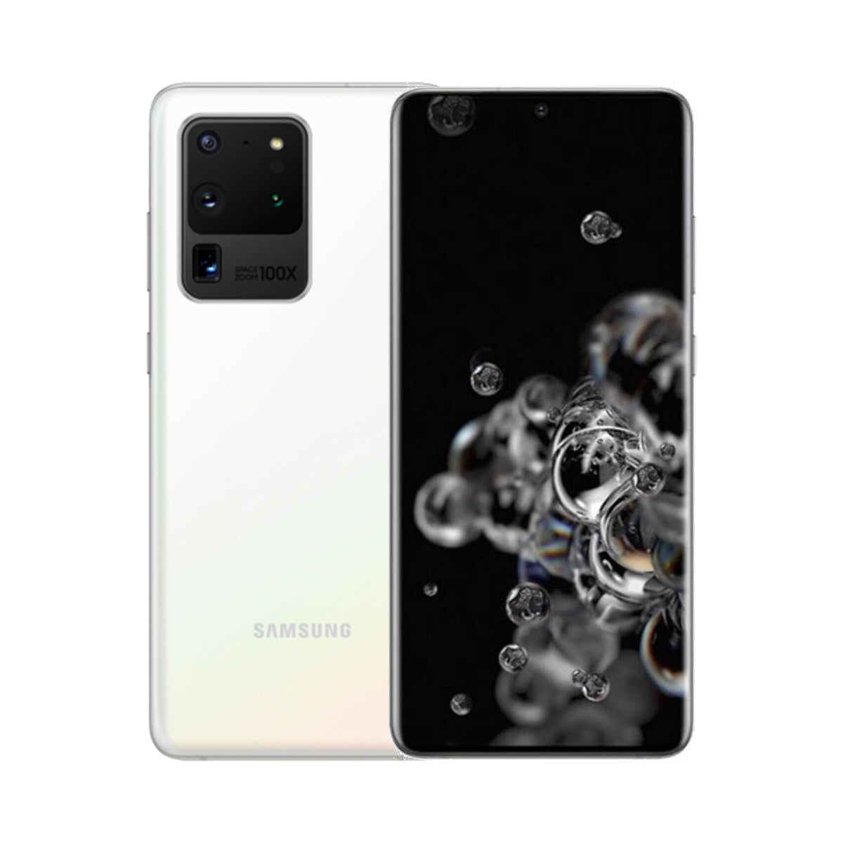 Samsung Galaxy S20 Ultra 5G in Cloud White, front and rear view