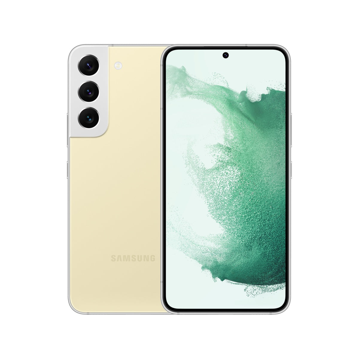 Samsung Galaxy S22 in Cream, front and rear view