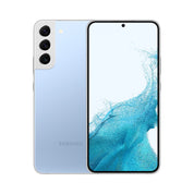 Samsung Galaxy S22+ in Sky Blue, front and rear view