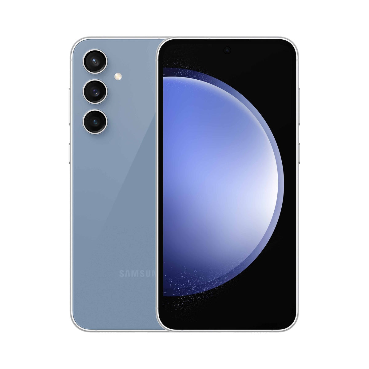Samsung Galaxy S23 FE in Indigo, front and rear view