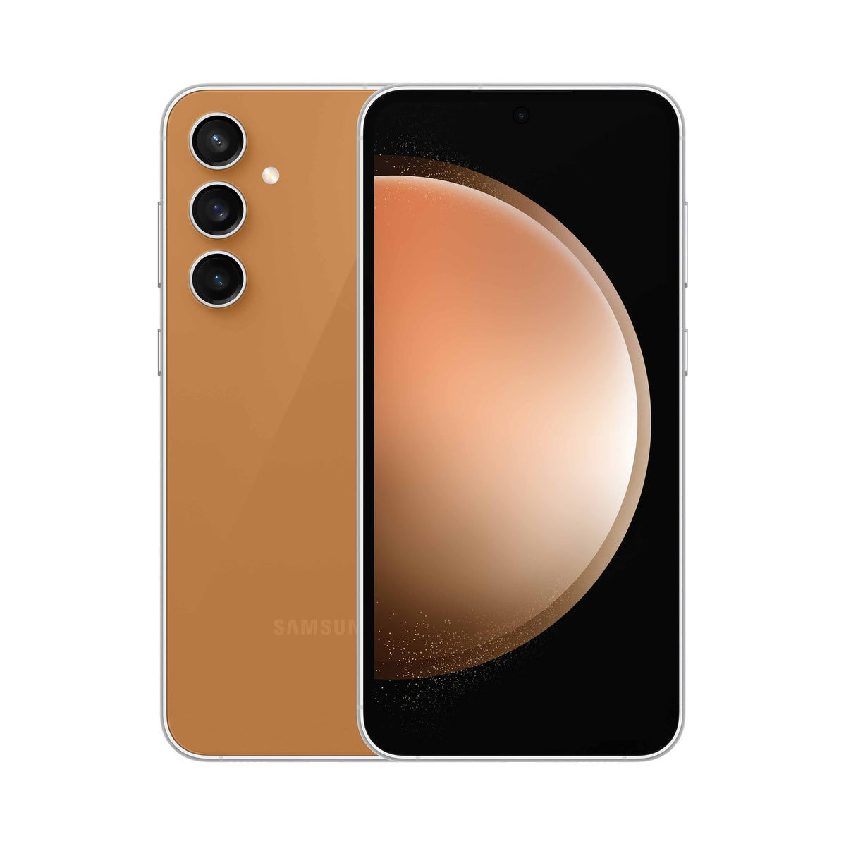 Samsung Galaxy S23 FE in Tangerine, front and rear view
