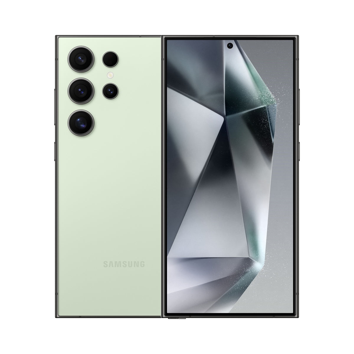 Samsung Galaxy S24 Ultra in Titanium Green, front and rear view