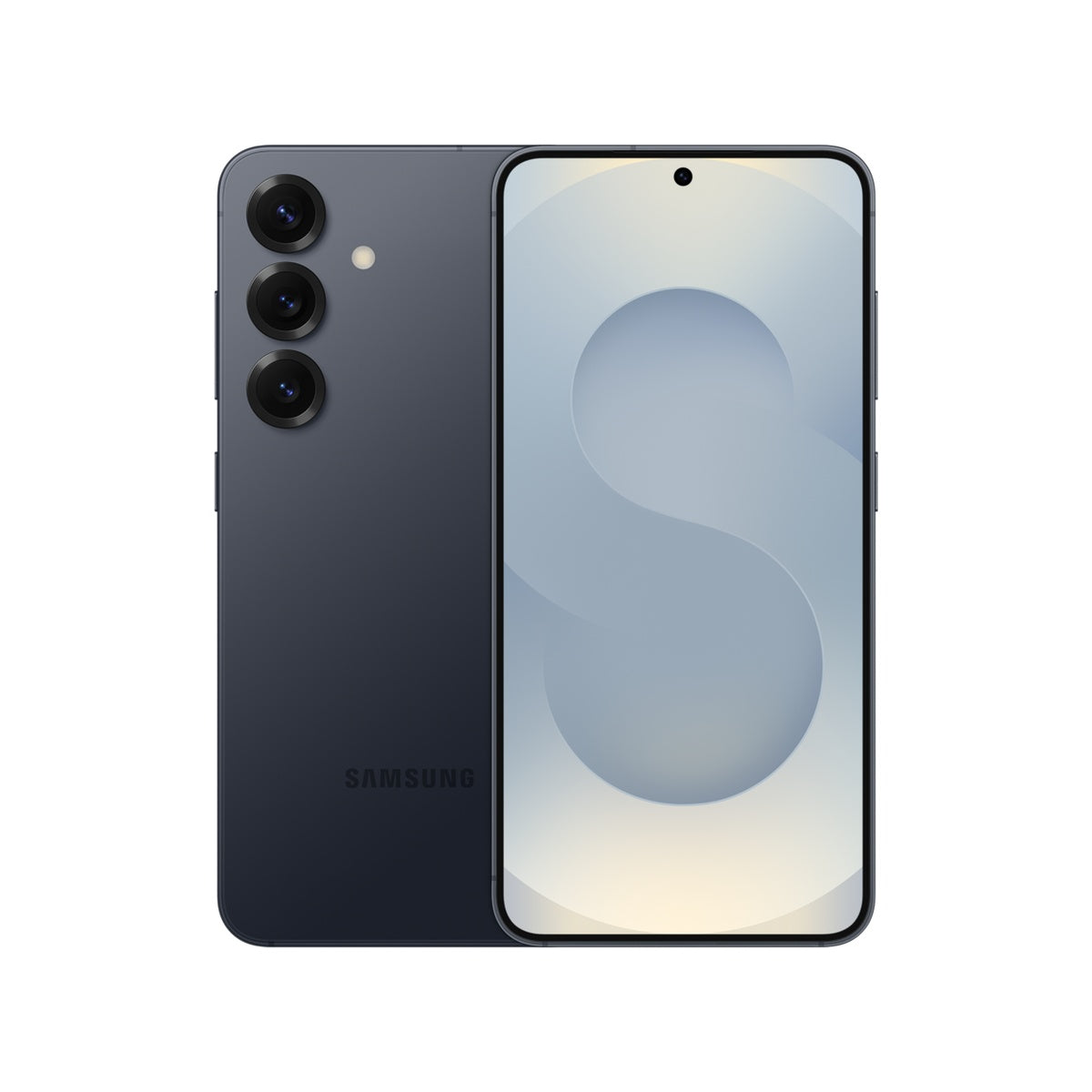 Samsung Galaxy S25 in Blueblack, front and rear view