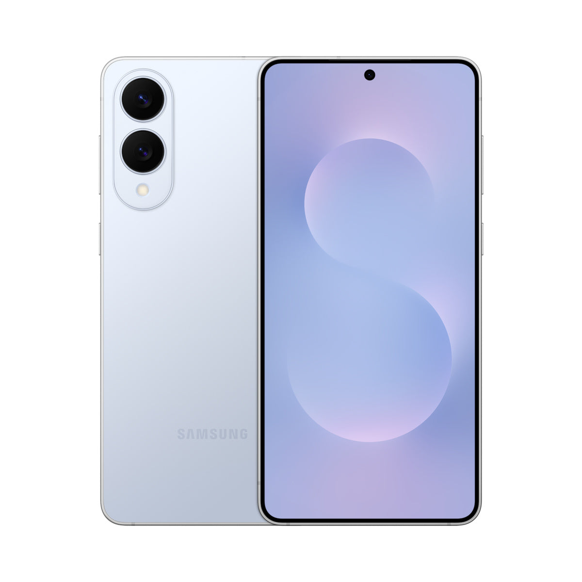Samsung Galaxy S25 Edge in Titanium Icy Blue, front and rear view
