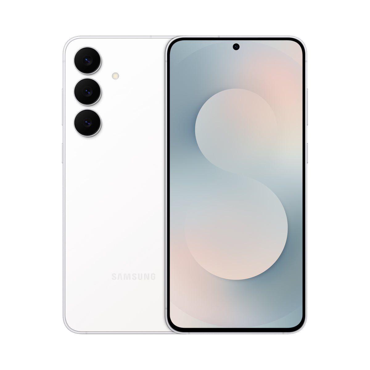 Samsung Galaxy S25 FE in White, front and rear view