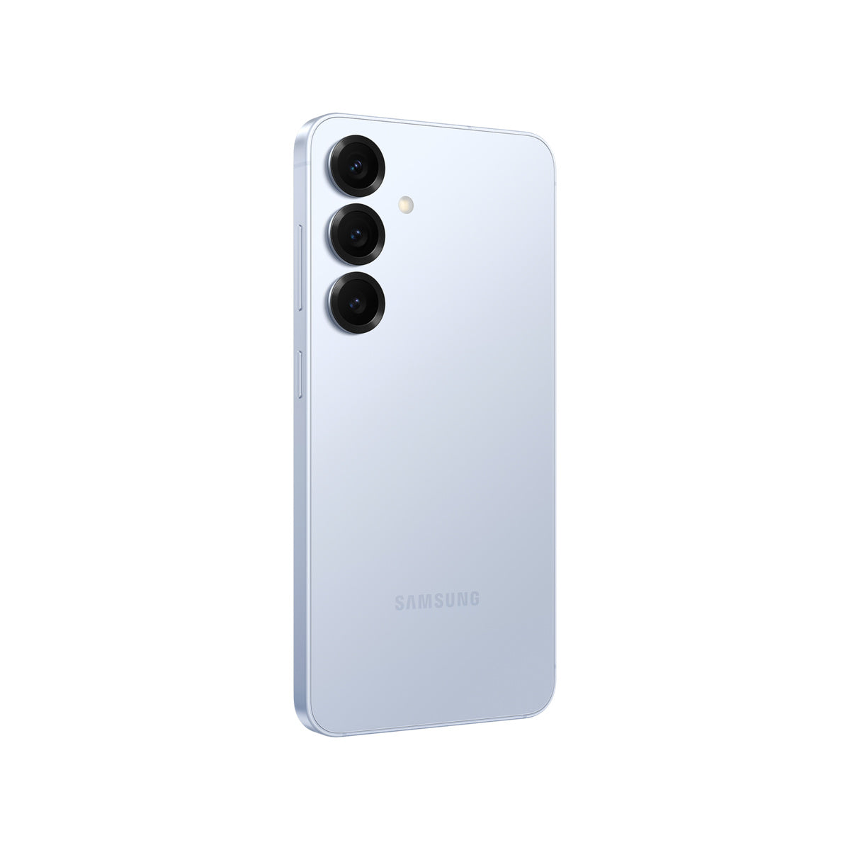 Samsung Galaxy S25 in Icy Blue, angled rear view