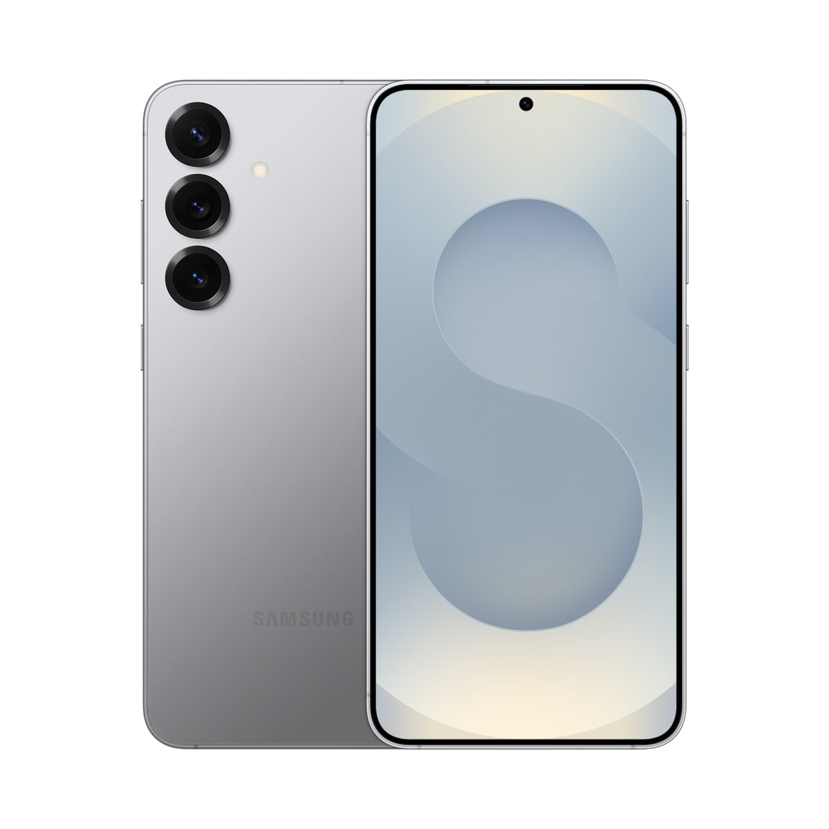 Samsung Galaxy S25 Plus in Silver Shadow, front and rear view