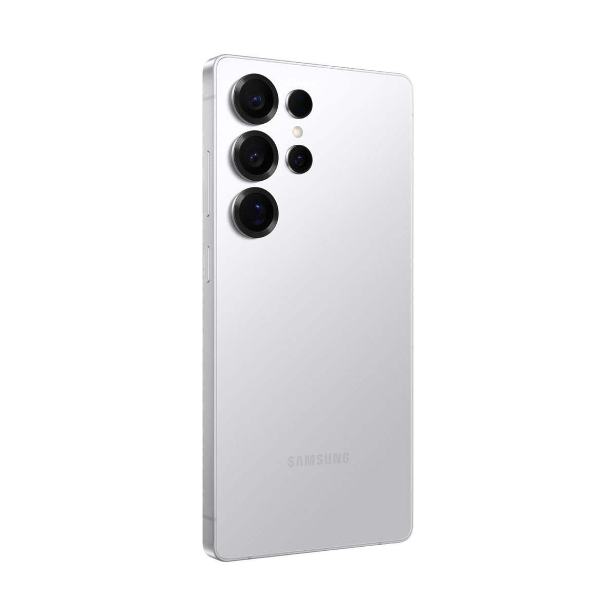 Samsung Galaxy S25 Ultra in Titanium White Silver, angled rear view