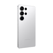 Samsung Galaxy S25 Ultra in Titanium White Silver, angled rear view