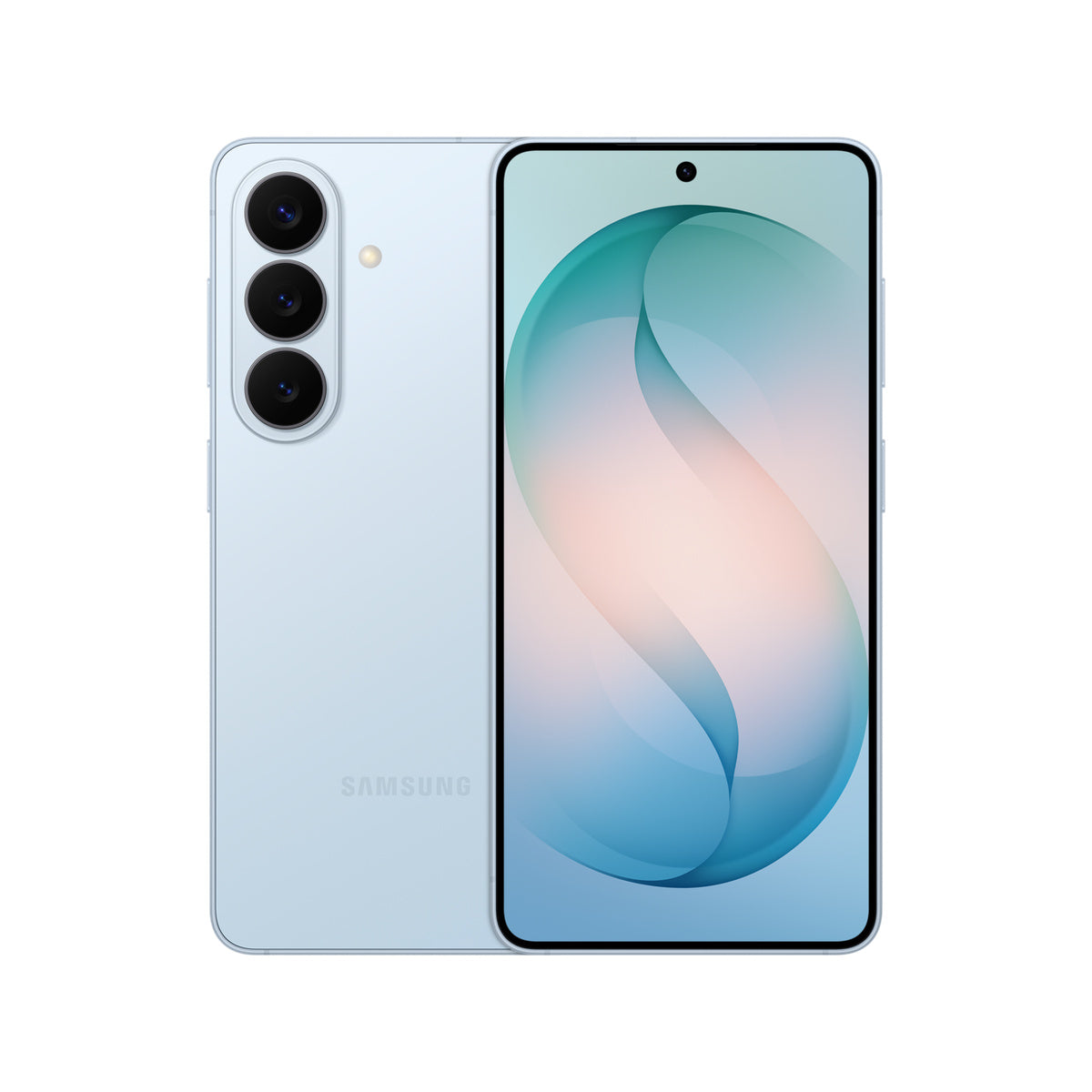Samsung Galaxy S26 in Sky Blue, front and rear view