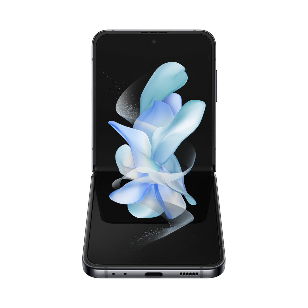 Samsung Galaxy Z Flip4 in Graphite, partially folded view