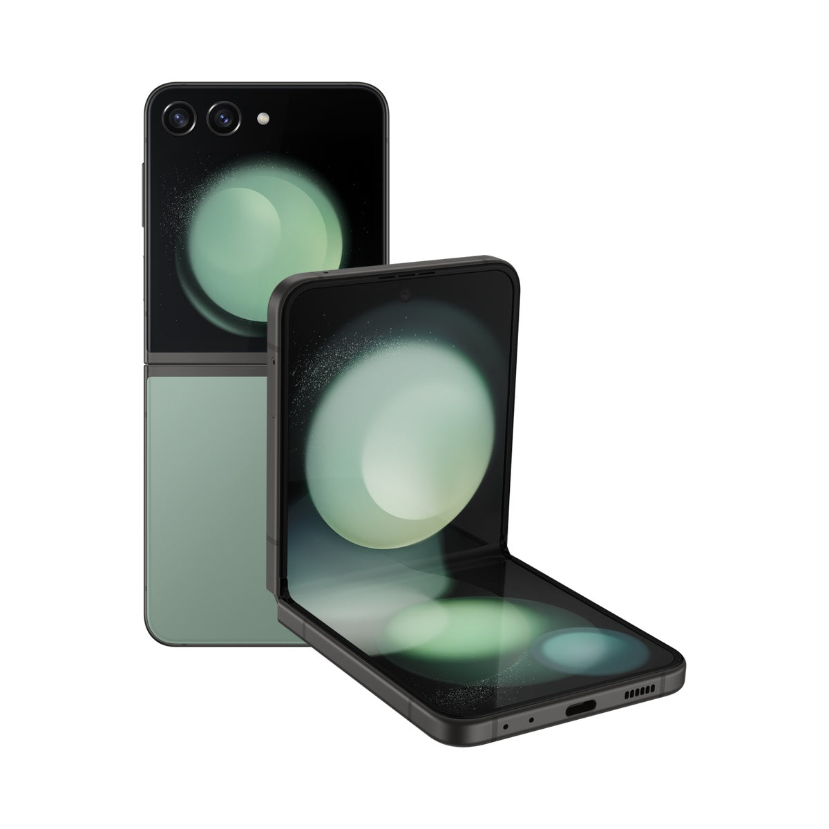 Samsung Galaxy Z Flip5 in Green, front and rear view