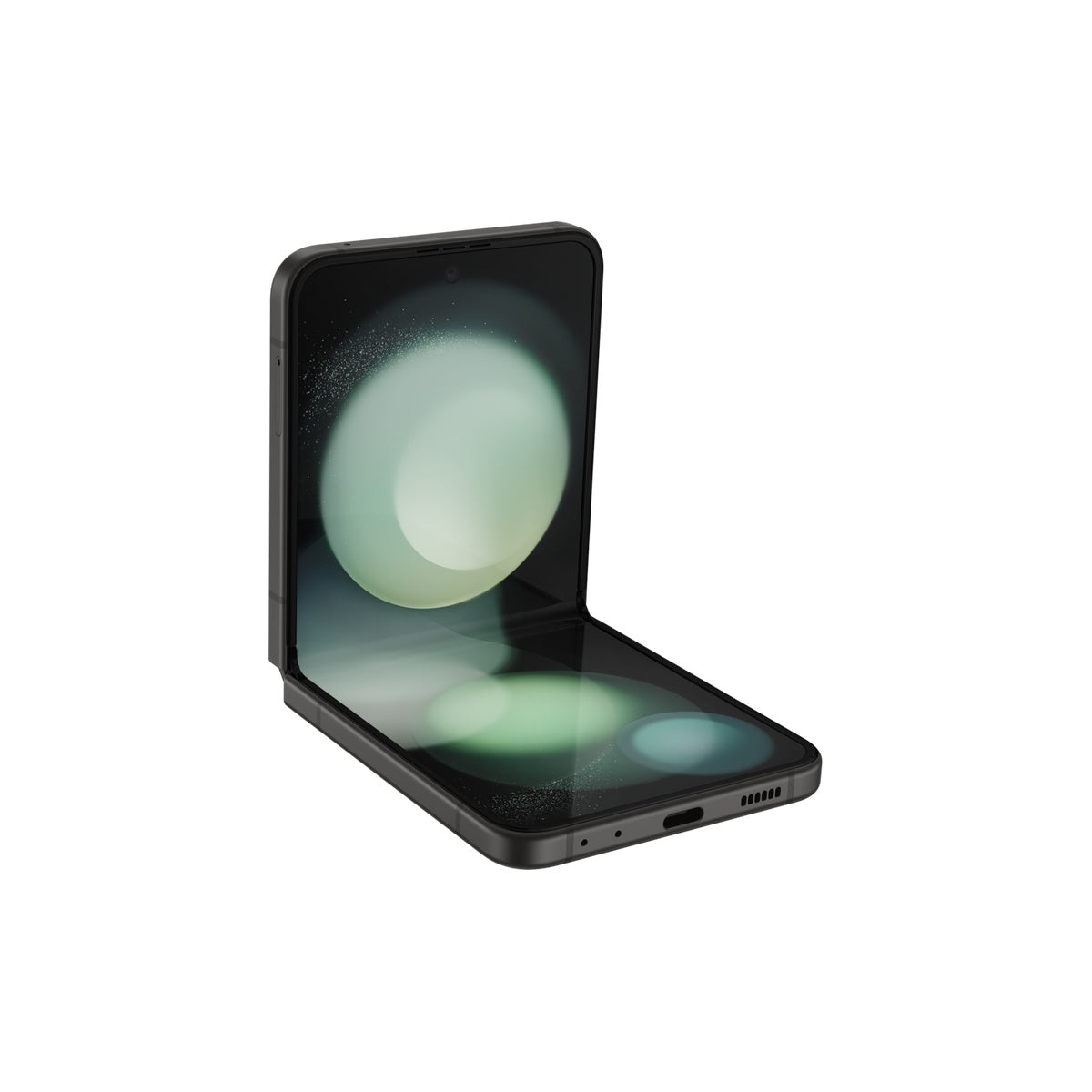 Samsung Galaxy Z Flip5 in Green, angled half-open view