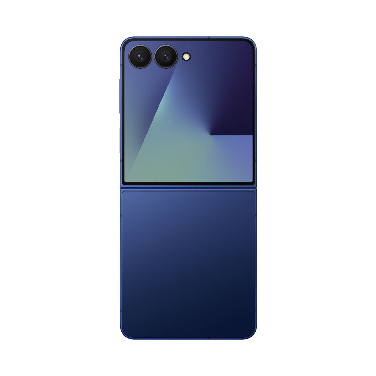 Samsung Galaxy Z Flip7 in Blue Shadow, unfolded rear and cover screen