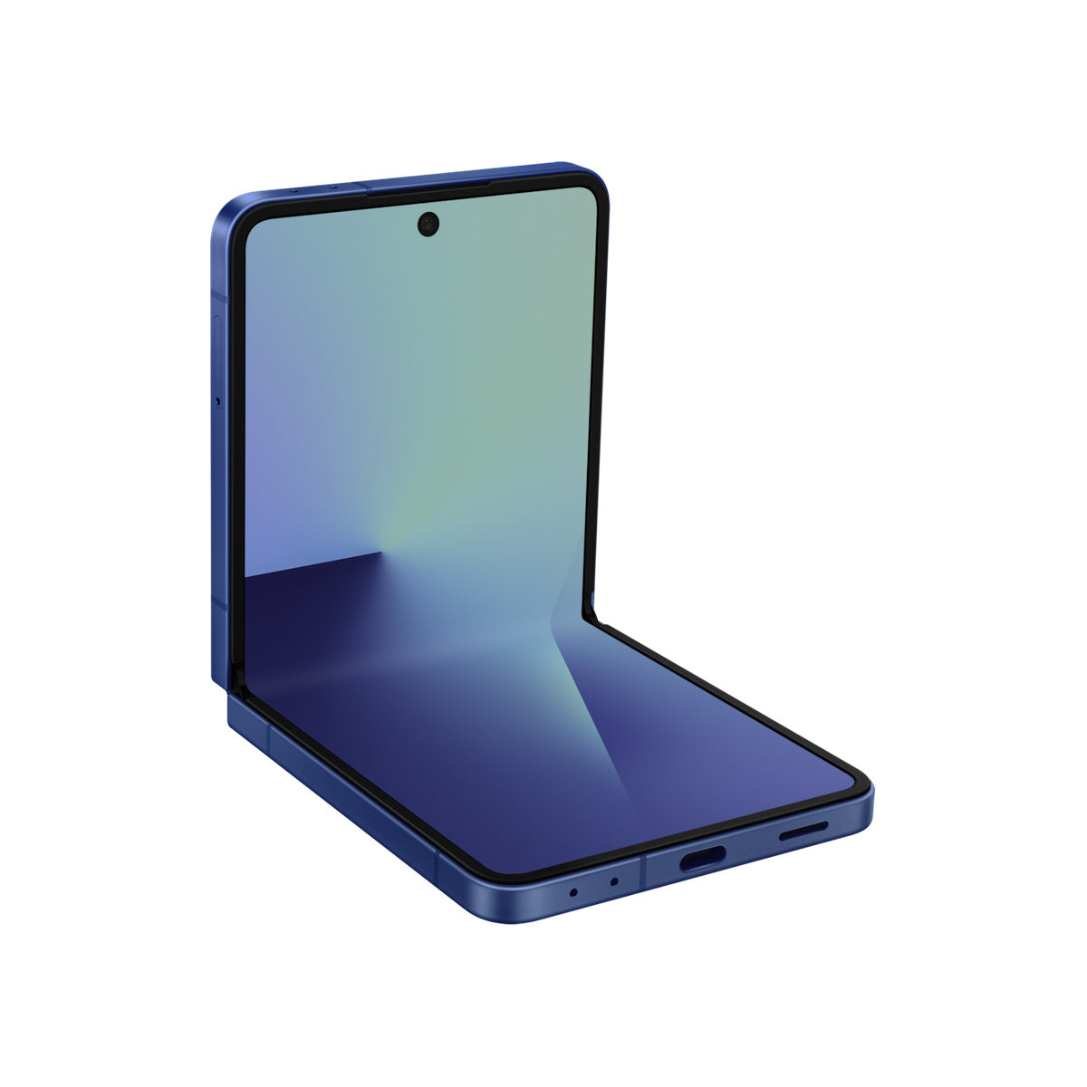 Samsung Galaxy Z Flip7 in Blue Shadow, angled half-open view