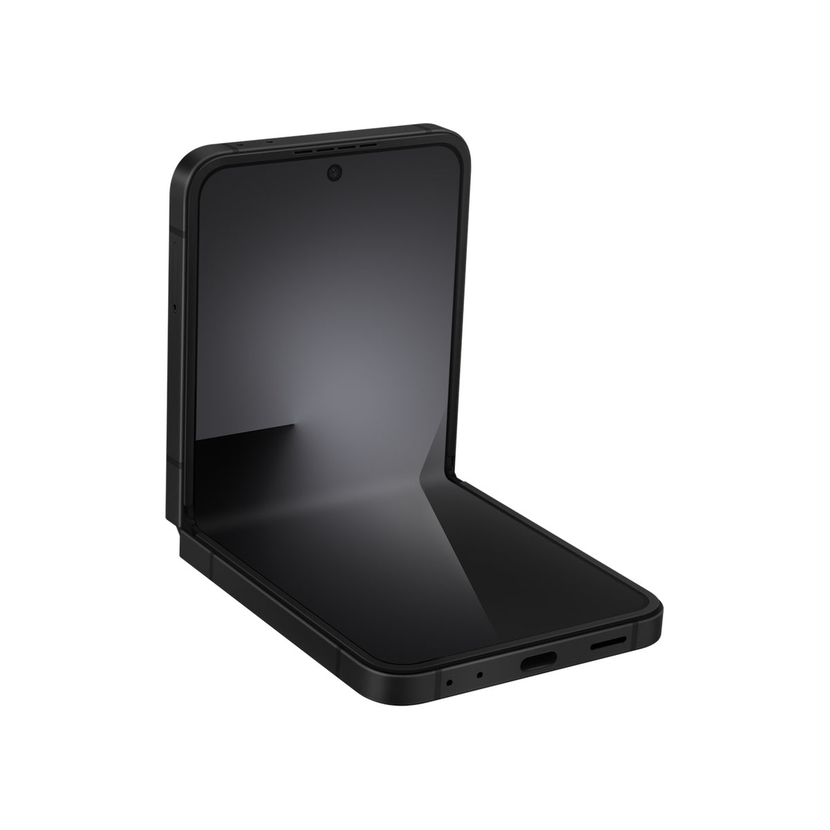 Samsung Galaxy Z Flip7 FE in Black, angled half-open view
