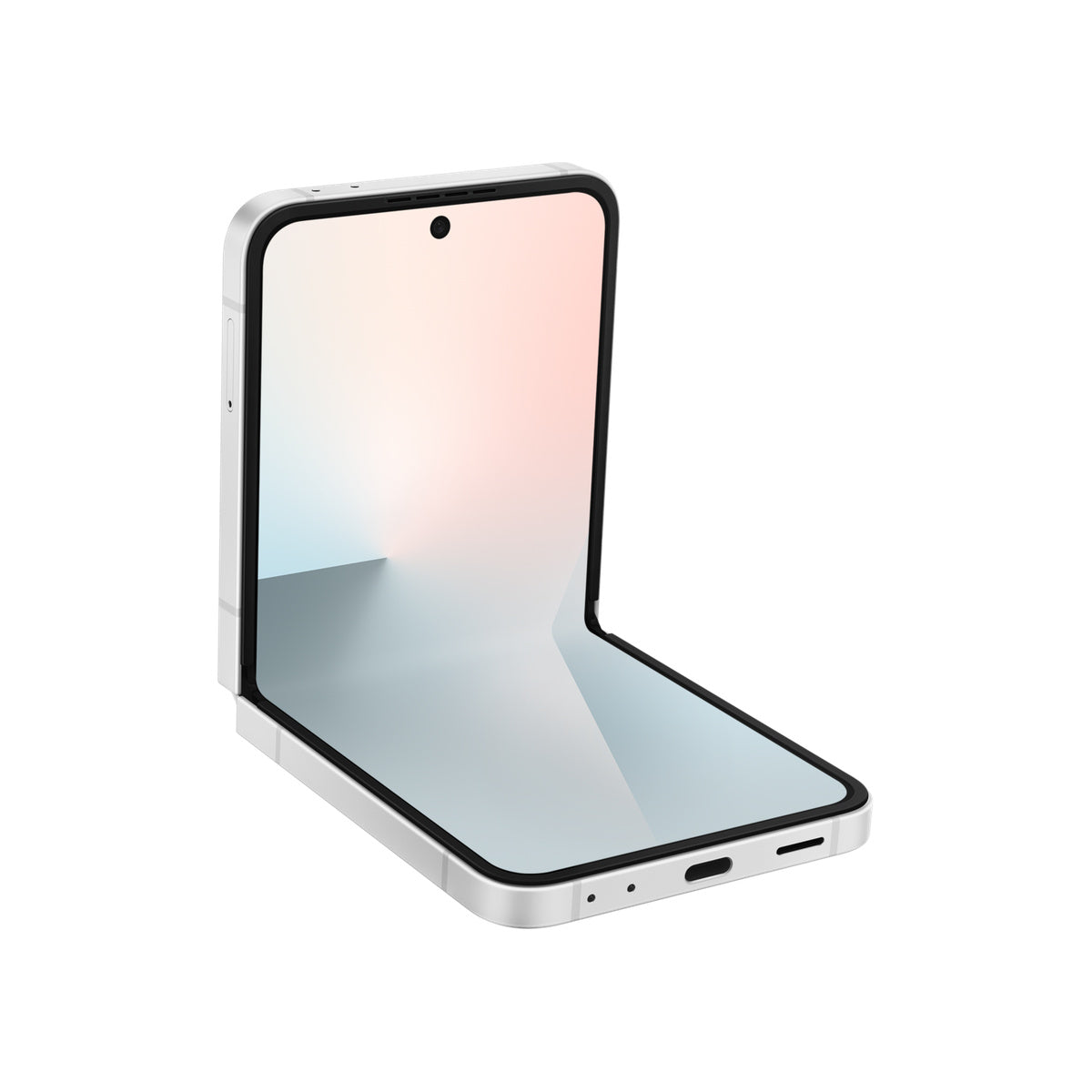 Samsung Galaxy Z Flip7 FE in White, angled half-open view