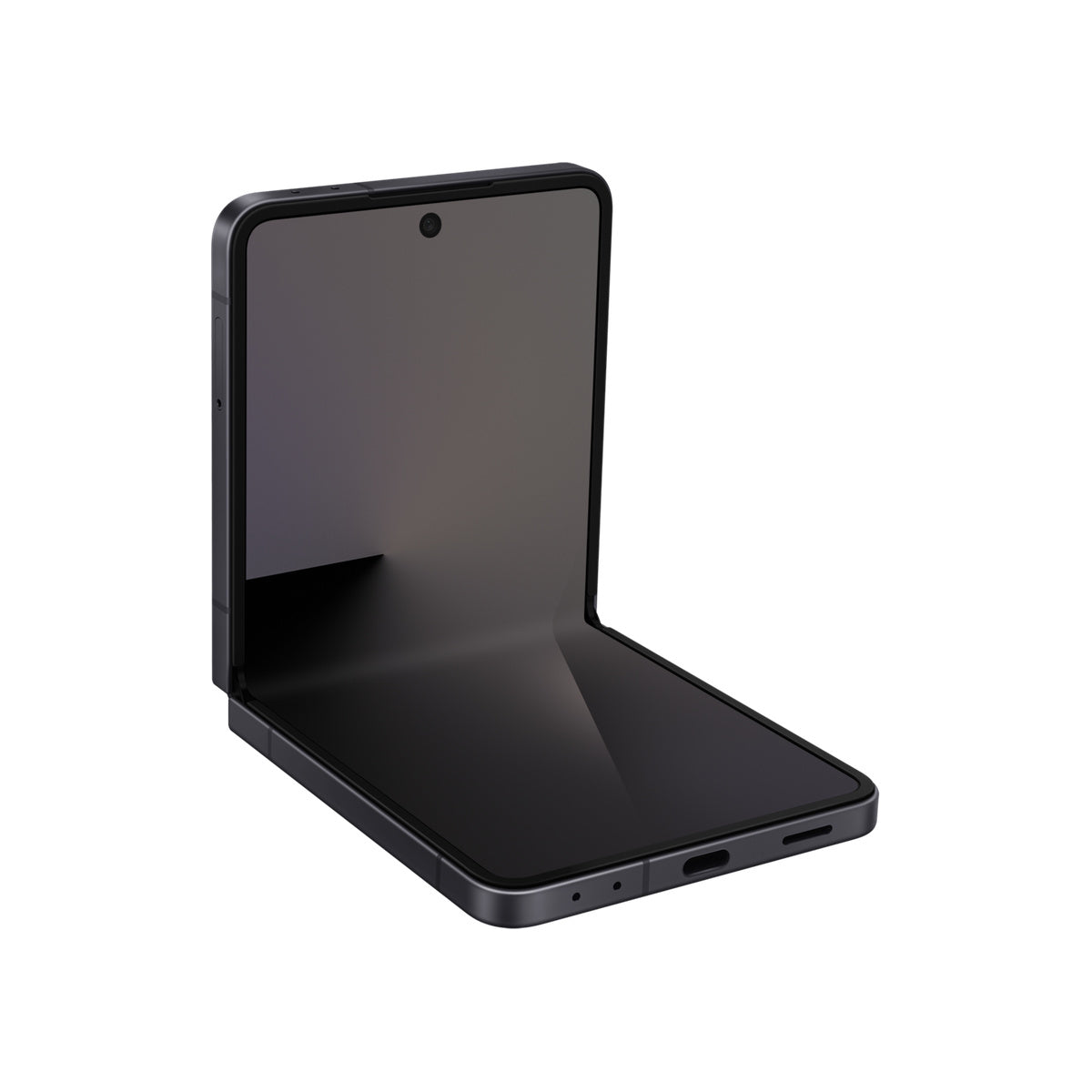 Samsung Galaxy Z Flip7 in Jetblack, angled half-open view