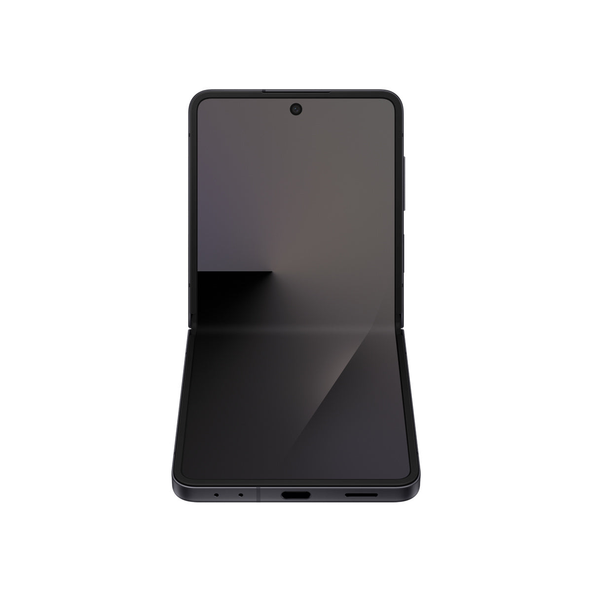 Samsung Galaxy Z Flip7 in Jetblack, half-open front view
