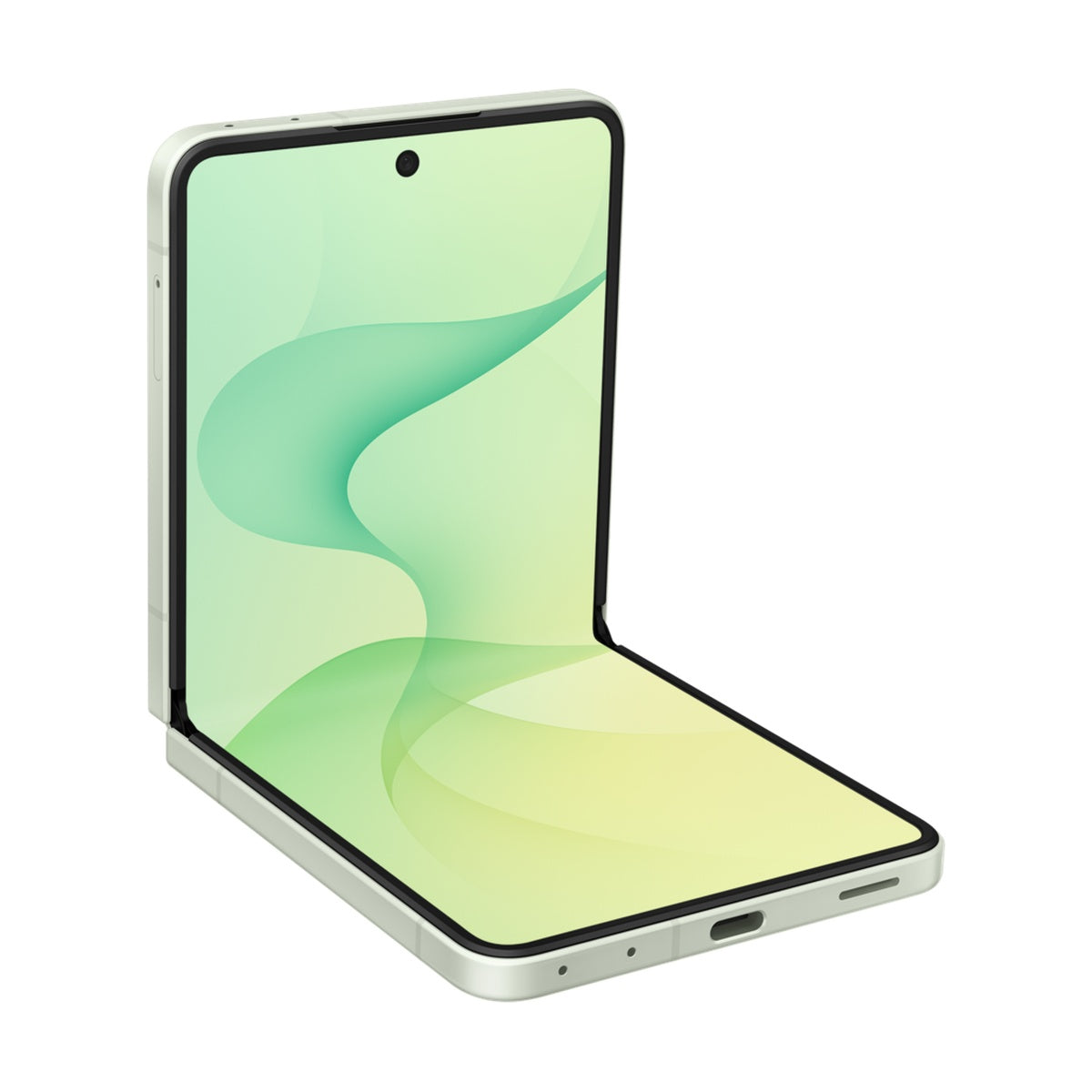 Samsung Galaxy Z Flip8 in Mint, angled half-open view