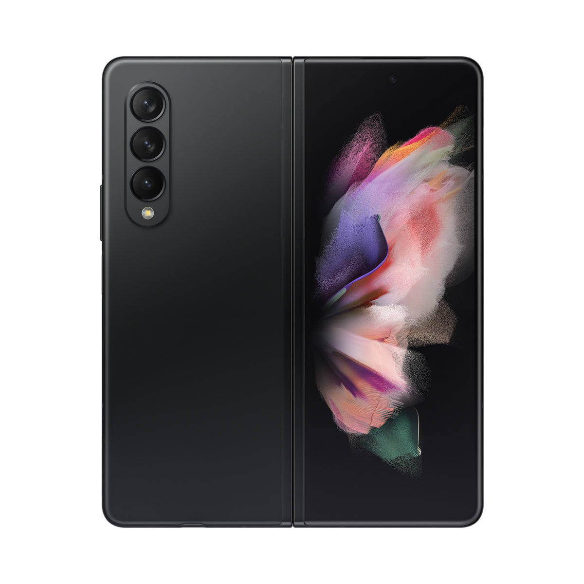 Samsung Galaxy Z Fold3 in Phantom Black, open rear view