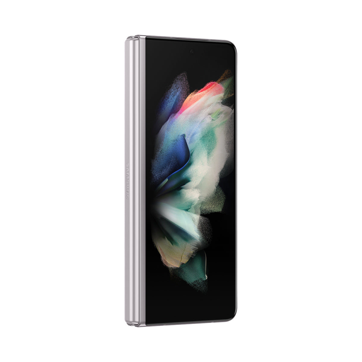 Samsung Galaxy Z Fold3 in Phantom Silver, angled front view